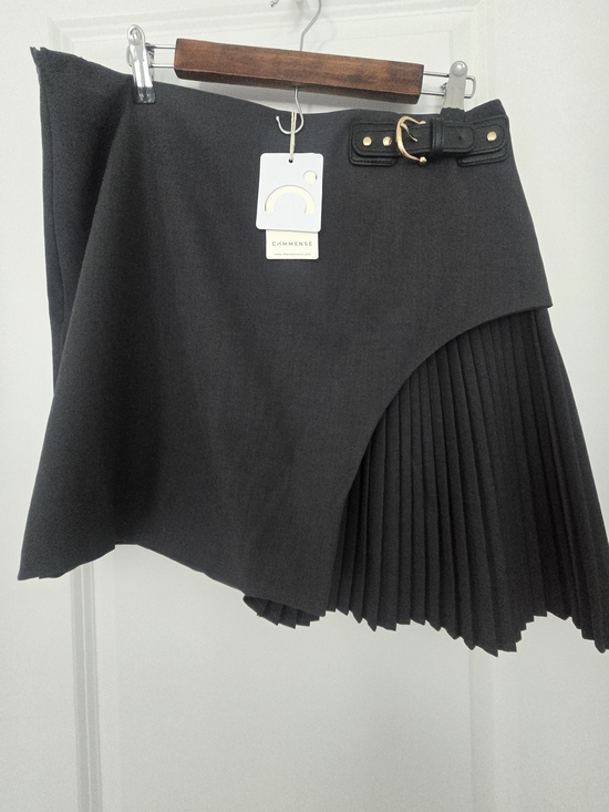 Commense Dresses & Skirts - Commense Black Asymmetric Pleated Midi Skirt with Gold Buckle